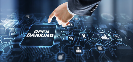 Businessman is touching hologram open banking. Technology Finance concept
