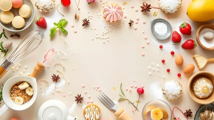 Flat lay of baking ingredients, utensils, and an array of fresh desserts surrounded by scattered berries and nuts on a pastel background. - obrazy, fototapety, plakaty