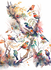 Landscape of branches with colorful birds on trees, in matching colors style watercolor painting