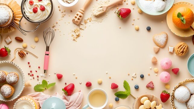 Flat lay of baking ingredients, utensils, and an array of fresh desserts surrounded by scattered berries and nuts on a pastel background.