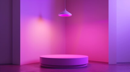 Pink round podium under purple light - obrazy, fototapety, plakaty