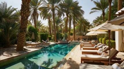 Fototapeta premium A serene desert oasis with palm trees, a sparkling pool, and lounge chairs, offering a tranquil retreat from the heat and sand of the surrounding desert landscape