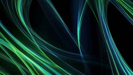 Abstract, line swoosh forms, sharp focus, green and blue light going different directions, green background, Transparente, iridiscente, circular, translúcidos