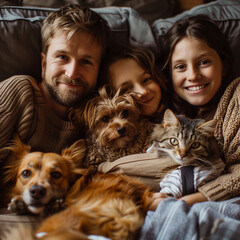 Parents and kids, with cat and dog in couch smiling, happy family with animals