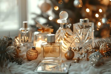 Elegant and delicate fragrance combination with perfume bottles for birthday and Christmas celebrations, Generative AI.