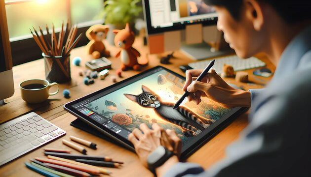 Creative Illustrator Using Digital Tablet to Bring Imagination to Life in Candid Work Environment