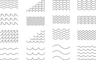 Water wave, sea wave, Wavy line set. Line water waves icon, sign vector. Zigzag line. Water logo, symbol or sign vector collection. - obrazy, fototapety, plakaty