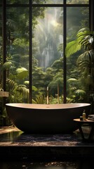 modern interior bathroom with windows in the jungle UHD Wallpaper