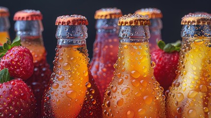 Group of bottles filled with with colorful fruit water next to strawberries