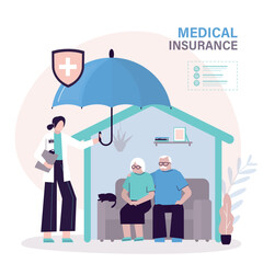 Insurance agent or doctor holding umbrella over senior couple to protect from life health accident. Health and life insurance policy, healthcare for elderly people, concept.