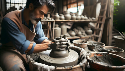Capturing the Candid Daily Routine: Sculptor Shaping Clay into Realistic Form in Their Studio Environment