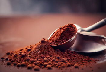 A close-up image of a heap of cocoa powder with a metal scoop, surrounded by small cocoa balls on a...