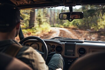 Back passenger view photo of a man driving an off-road car in the mountains