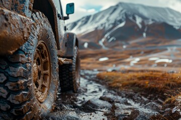 Close-up of muddy off-road car wheels in the mountains