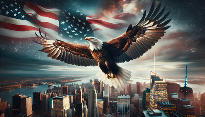 Independence Day Eagle Flight: A Stunningly Realistic Photo Symbolizing Freedom and Independence in US Patriotism - obrazy, fototapety, plakaty
