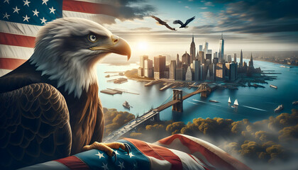 Beautiful Eagle Gazing over American Landmarks in Celebration of US Independence Day - Ultra Realistic Photo for Posters