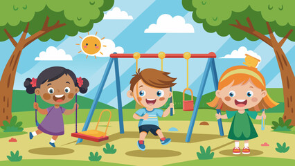 Obraz na płótnie Canvas vector-illustration-of-cute-kids-having-fun-on-swi