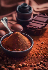 A close-up view of a bowl filled with cocoa powder, surrounded by chocolate pieces, a spoon, and cocoa beans on a rustic surface. International Chocolate Day.