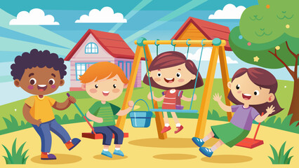 vector-illustration-of-cute-kids-having-fun-on-swi