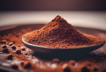 A close-up image of a mound of rich, dark red-brown cocoa powder on a plate, surrounded by scattered cocoa beans, with a warm, moody background. International Chocolate Day. - obrazy, fototapety, plakaty