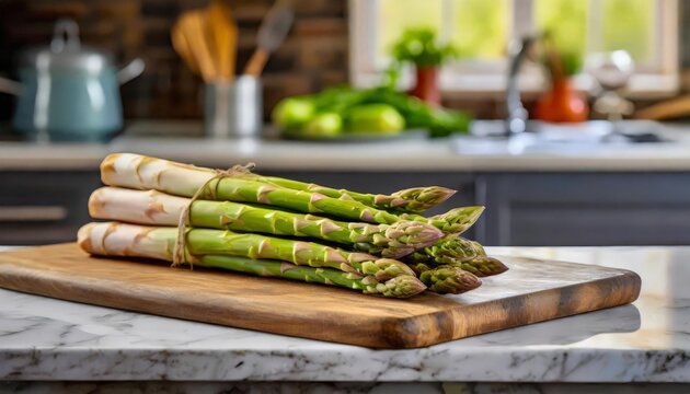 A selection of fresh vegetable: asparagus, sitting on a chopping board against blurred kitchen background; copy space