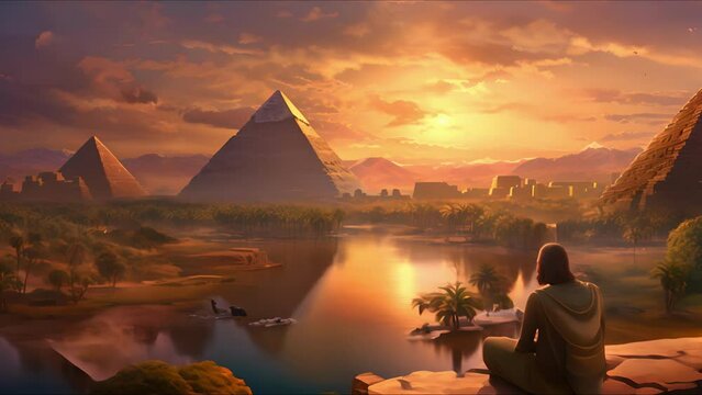 Landscape with ancient Egyptian pyramids, beautiful sky and sunset. The concept of ancient history. AI-generated.
