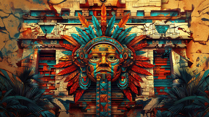 illustration of giant face of ancient mayan warrior at ancestral traditional mayan building, mexican, rich cultural diversity