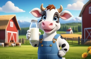 Illustration cartoon character farmer in form cute smiling cow in overalls holding bottle fresh natural milk against background farmland, concept production organic dairy products, farming business