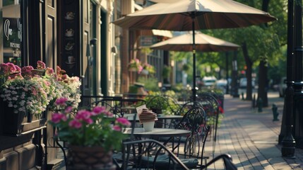 A charming sidewalk cafe with wrought-iron tables,  umbrellas,  and flower-filled window boxes,  serving espresso,  pastries,  and gelato in a relaxed and inviting atmosphere