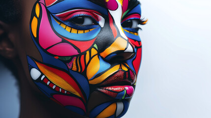 close-up of black woman face painted with many colors, tribal themed, cultural diversity