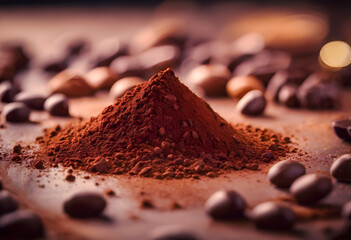 A close-up image of a mound of cocoa powder surrounded by whole coffee beans, with a warm, moody...