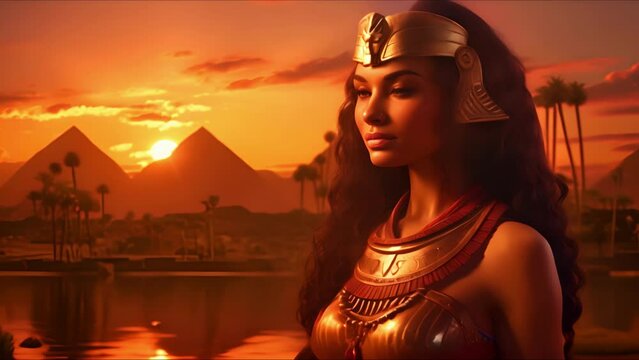Landscape with ancient Egyptian pyramids, beautiful sky and sunset. The concept of ancient history. AI-generated.