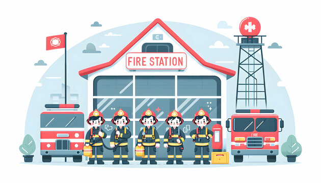 Simple flat vector illustration of firefighters on standby at the fire station, depicting their daily life and routine work in a candid environment.