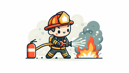 Flat vector illustration of a firefighter in full gear during a drill in a candid daily environment and routine of work - isolated on white background