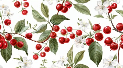 On a white background, a seamless pattern featuring red cherry fruit and blossoming flowers, Generative AI.