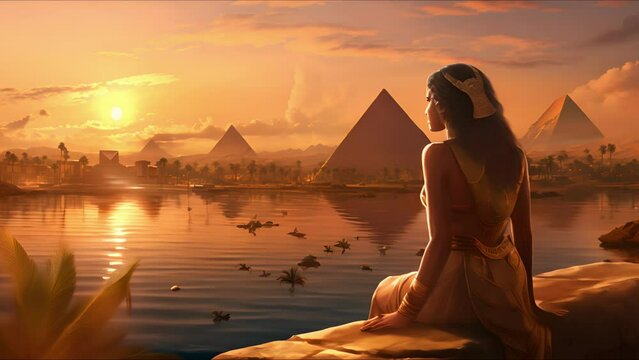 Landscape with ancient Egyptian pyramids, beautiful sky and sunset. The concept of ancient history. AI-generated.