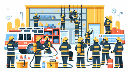 Flat Vector Illustration: Firefighter Training in Candid Daily Environment with Live Fire in Routine Work Theme (Isolated on White)