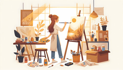 Painter at Easel: Simple Flat Vector Illustration of an Artist in a Sunlit Studio Surrounded by Creativity, Candid Daily Work Routine