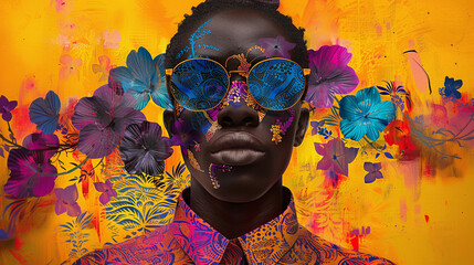 artistic collage portrait of young black african man, tribal, vibrant colors, savannah, jungle and pop mixed