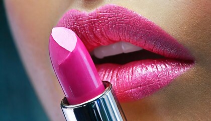 Generated image of pink lipstick make up close up - obrazy, fototapety, plakaty