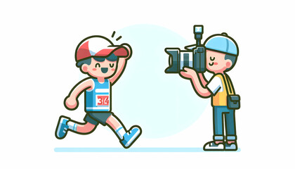 Professional sports photographer capturing the intensity of athletes in motion at the game - Candid daily work routine in simple flat vector illustration