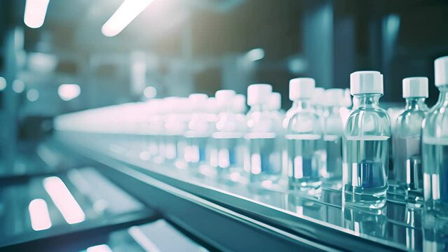production line at pharmaceutical factory, Pharmaceutical machine working pharmaceutical glass bottles production line, health care, pandemic