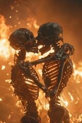 Two skeletons are kissing each other in a fire
