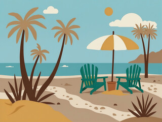 Fototapeta na wymiar Retro Style Beach Illustration with Umbrella and Adirondack Chairs.