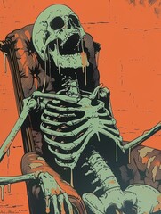 A skeleton is sitting in a chair with a dripping mouth. The image has a creepy and unsettling mood, as the skeleton is not a typical figure to be seen in a chair