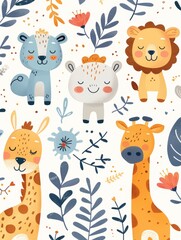 A colorful drawing of animals, including giraffes, lions, and zebras, with a leafy background