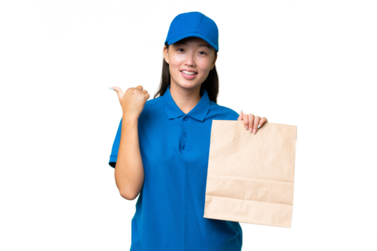Young Asian woman taking a bag of takeaway food over isolated background pointing to the side to present a product