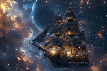 A large ship is floating in the sky above a colorful background. The ship is surrounded by a lot of stars and clouds, giving the scene a dreamy and otherworldly feel - obrazy, fototapety, plakaty