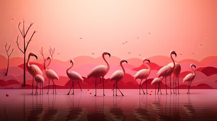 Paper-cut style depiction of a flock of flamingos in a wetland, realistic 3D minimalist design, - obrazy, fototapety, plakaty