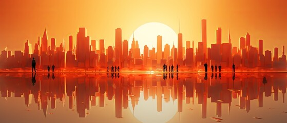 Obraz premium Paper-cut style depiction of a heatwave affecting a city, 3D minimalist render, super blurred urban background,